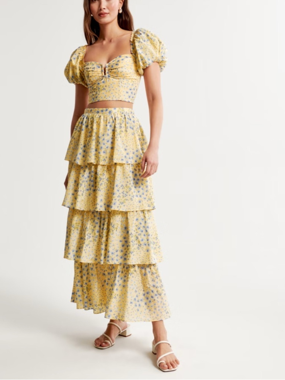 NEW Abercrombie & Fitch Drama Tiered Maxi Skirt and Puff Sleeve SET